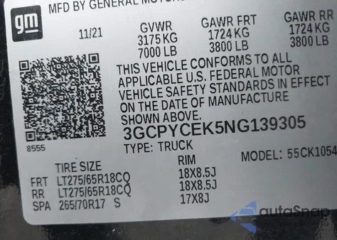 2022 Chevrolet Silverado 1500 Ltd 4Wd Short Bed Custom Trail Boss z USA, uszkodzony, nr VIN 3GCPYCEK5NG139305